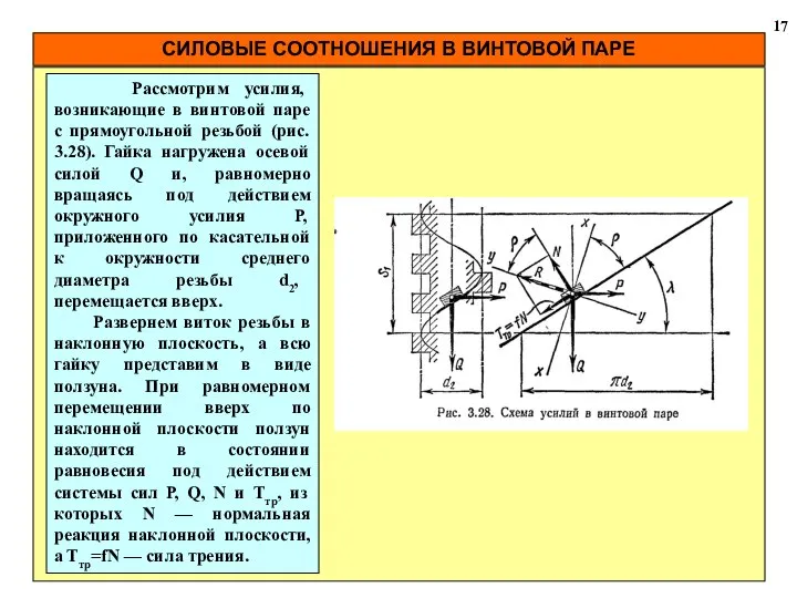 СИЛОВЫЕ СООТНОШЕНИЯ В ВИНТОВОЙ ПАРЕ 17 Рассмотрим усилия, возникающие в винтовой