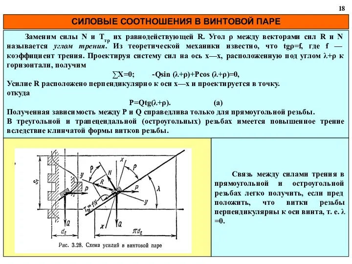 СИЛОВЫЕ СООТНОШЕНИЯ В ВИНТОВОЙ ПАРЕ 18 Заменим силы N и Tтр