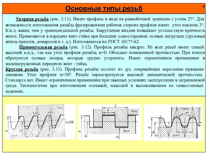 Основные типы резьб 9 Упорная резьба (рис. 3.11). Имеет профиль в