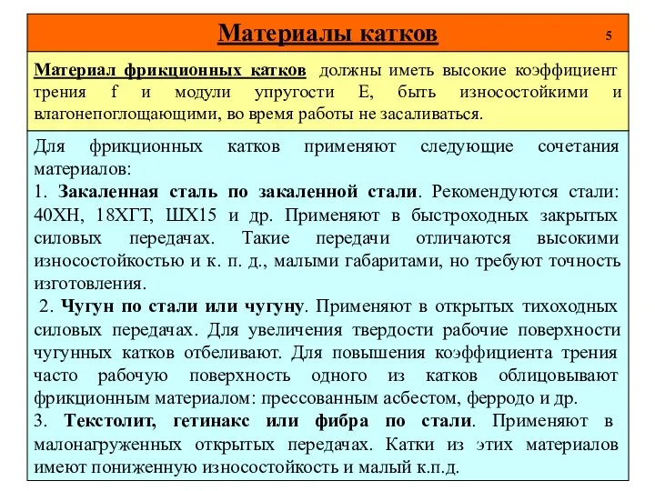 Материалы катков 5 Для фрикционных катков применяют следующие сочетания материалов: 1.