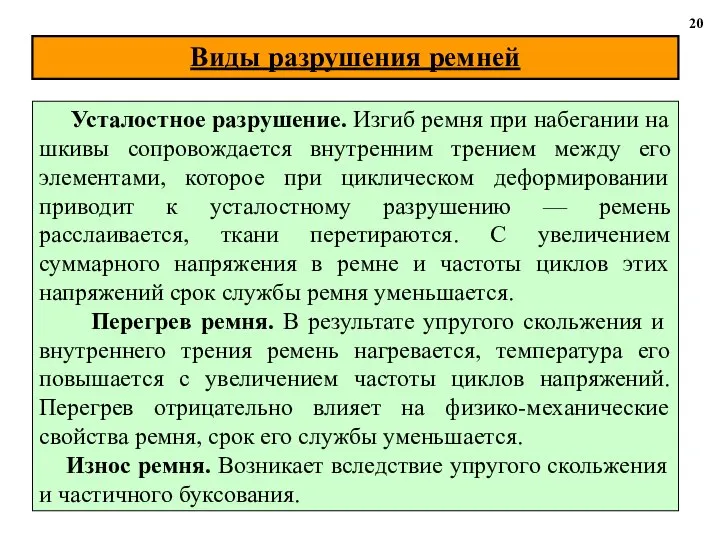 Виды разрушения ремней 20 Усталостное разрушение. Изгиб ремня при набегании на