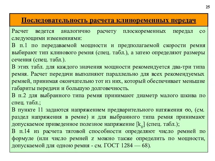 Последовательность расчета клиноременных передач 25 Расчет ведется аналогично расчету плоскоременных передал