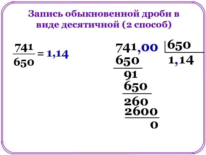 Запись обыкновенной дроби в виде десятичной (2 способ) 741 1 650