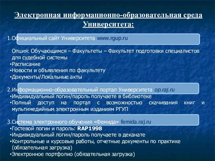 Электронная информационно-образовательная среда Университета: Официальный сайт Университета www.rgup.ru Опция: Обучающимся –