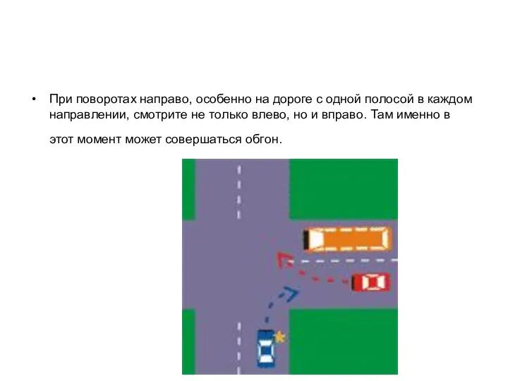 При поворотах направо, особенно на дороге с одной полосой в каждом