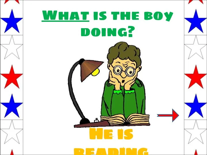 What is the boy doing? He is reading