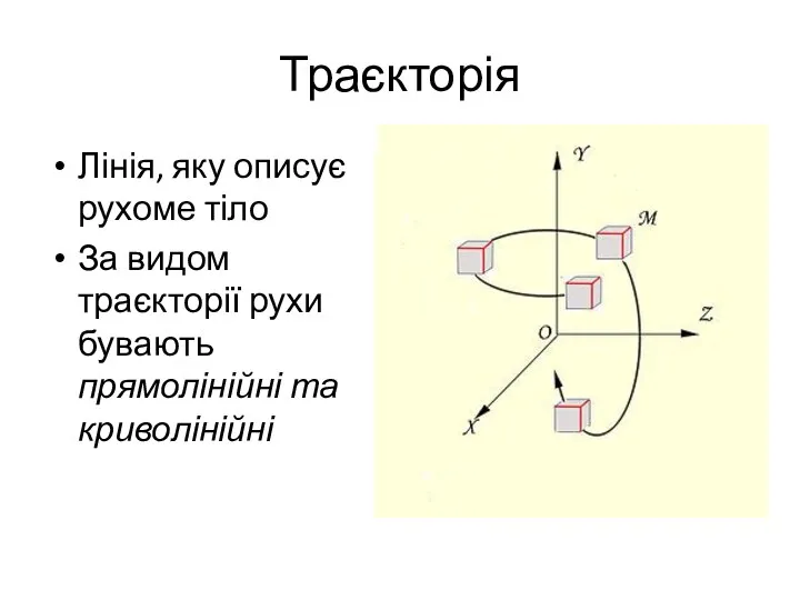 Траєкторія Лінія, яку описує рухоме тіло За видом траєкторії рухи бувають прямолінійні та криволінійні