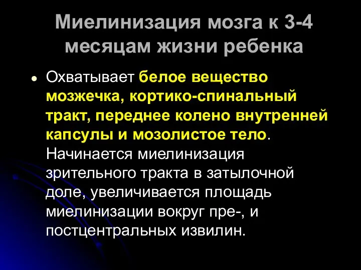 Миелинизация мозга к 3-4 месяцам жизни ребенка Охватывает белое вещество мозжечка,