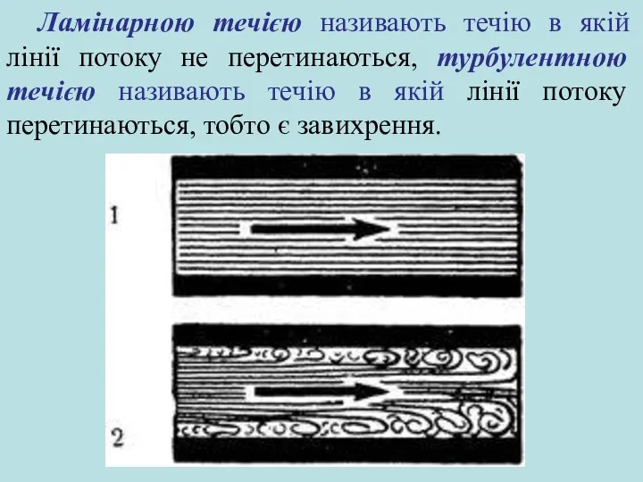 Ламінарною течією називають течію в якій лінії потоку не перетинаються, турбулентною