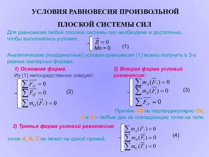 УСЛОВИЯ РАВНОВЕСИЯ ПРОИЗВОЛЬНОЙ ПЛОСКОЙ СИСТЕМЫ СИЛ Для равновесия любой плоской системы