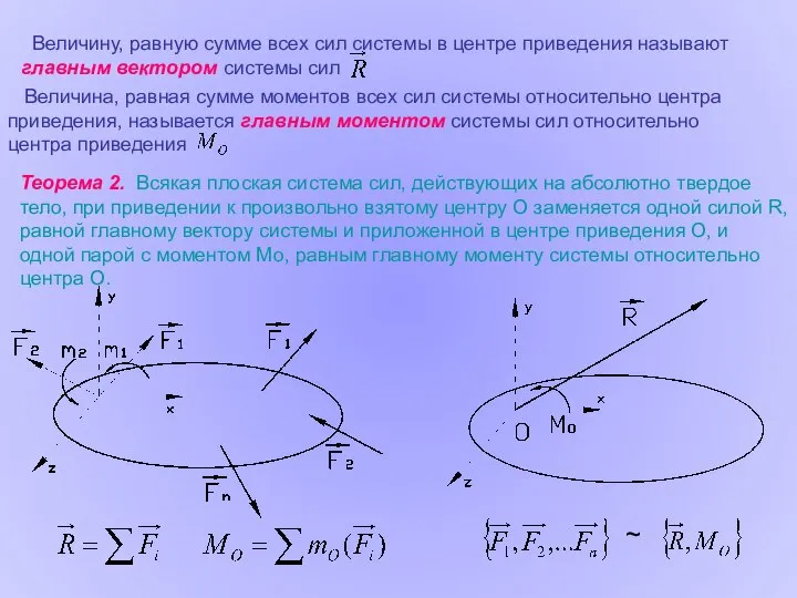 Величину, равную сумме всех сил системы в центре приведения называют главным