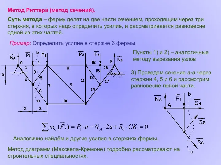 Метод Риттера (метод сечений). Суть метода – ферму делят на две