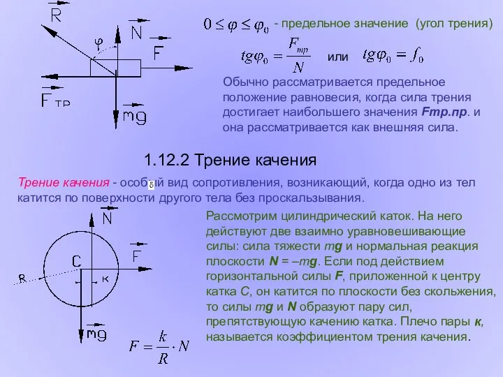 - предельное значение (угол трения) или Обычно рассматривается предельное положение равновесия,