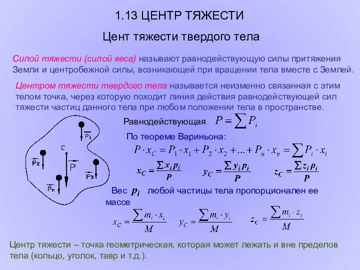 1.13 ЦЕНТР ТЯЖЕСТИ Цент тяжести твердого тела Силой тяжести (силой веса)