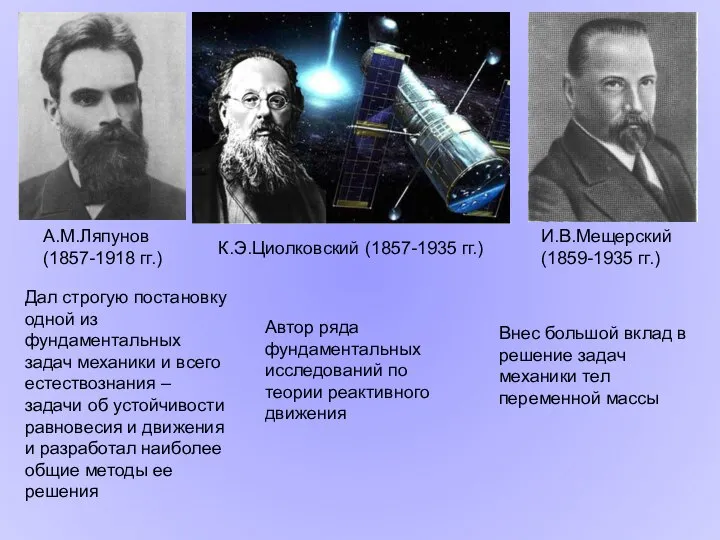 К.Э.Циолковский (1857-1935 гг.) И.В.Мещерский (1859-1935 гг.) А.М.Ляпунов (1857-1918 гг.) Дал строгую