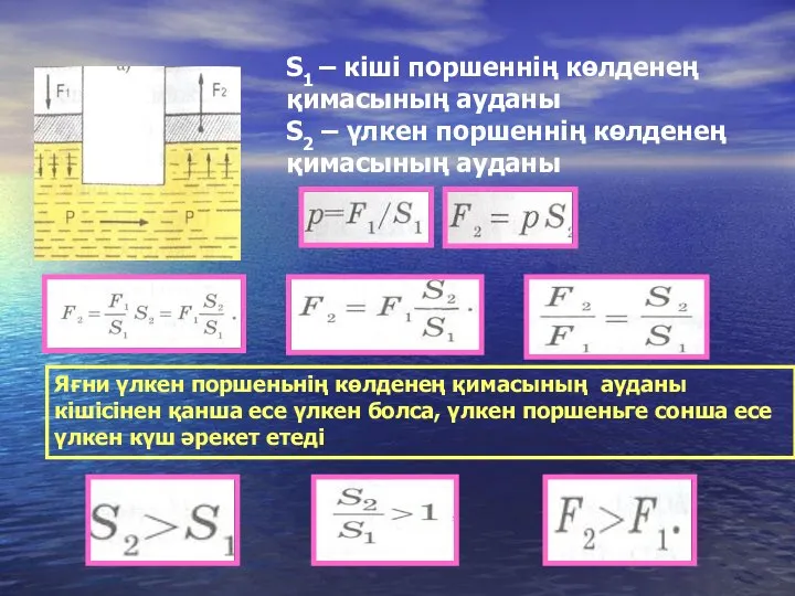 S1 – кіші поршеннің көлденең қимасының ауданы S2 – үлкен поршеннің