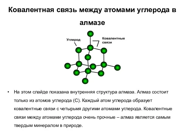 Ковалентная связь между атомами углерода в алмазе На этом слайде показана