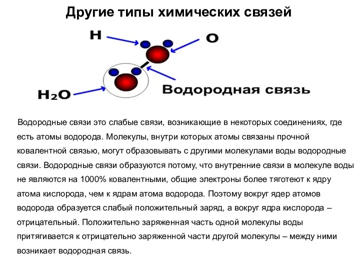 Другие типы химических связей Водородные связи это слабые связи, возникающие в