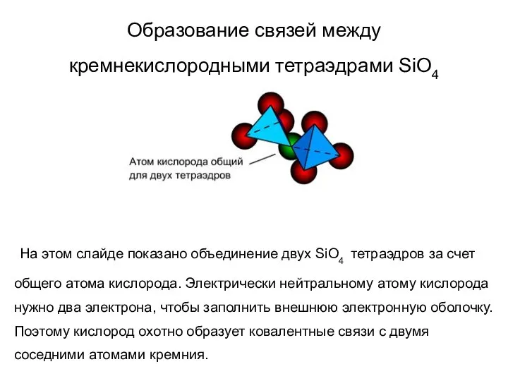 Образование связей между кремнекислородными тетраэдрами SiO4 На этом слайде показано объединение