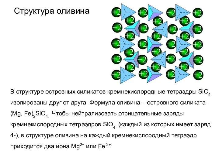 Структура оливина В структуре островных силикатов кремнекислородные тетраэдры SiO4 изолированы друг