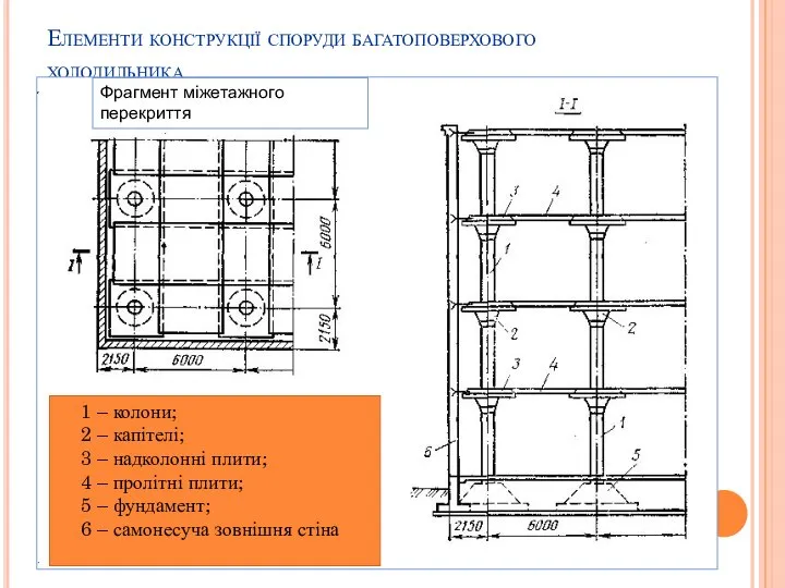 Елементи конструкції споруди багатоповерхового холодильника 1 – колони; 2 – капітелі;