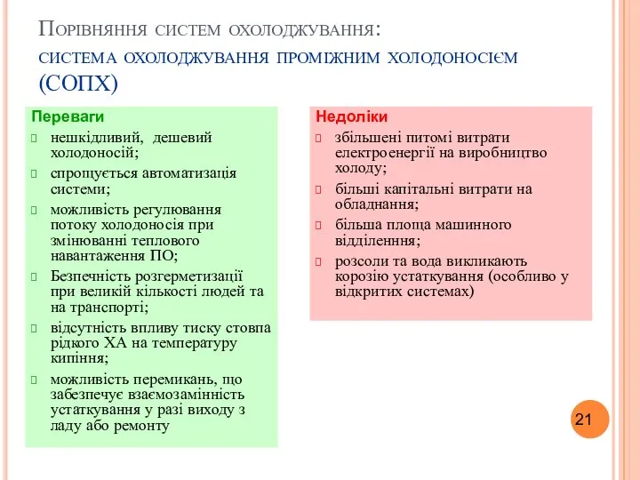 Порівняння систем охолоджування: система охолоджування проміжним холодоносієм (СОПХ) Переваги нешкідливий, дешевий