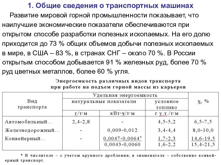 1. Общие сведения о транспортных машинах Развитие мировой горной промышленности показывает,