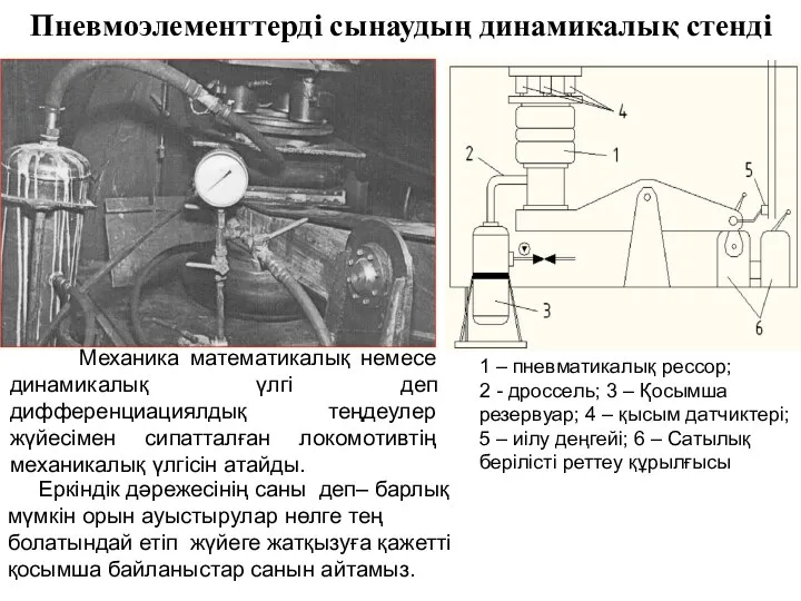 Пневмоэлементтерді сынаудың динамикалық стенді 1 – пневматикалық peccop; 2 - дpocceль;