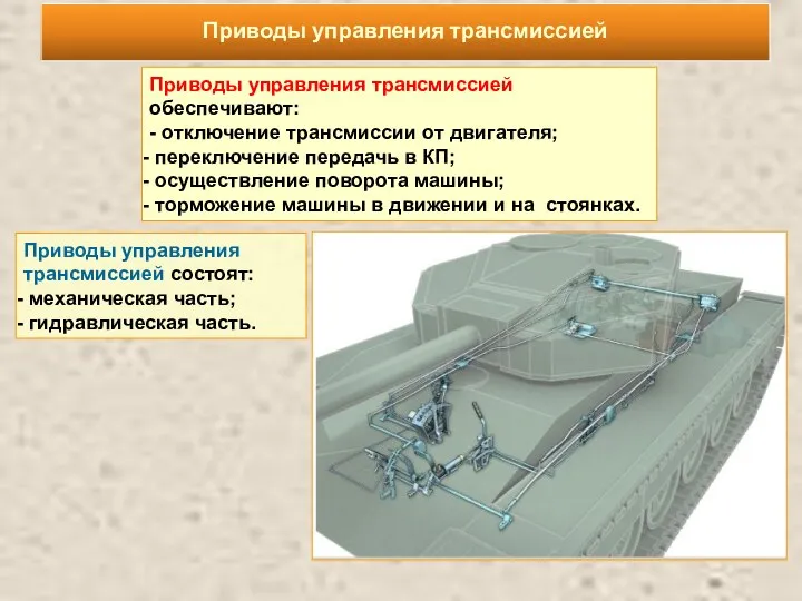 Приводы управления трансмиссией Приводы управления трансмиссией обеспечивают: - отключение трансмиссии от