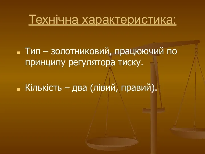 Технічна характеристика: Тип – золотниковий, працюючий по принципу регулятора тиску. Кількість – два (лівий, правий).