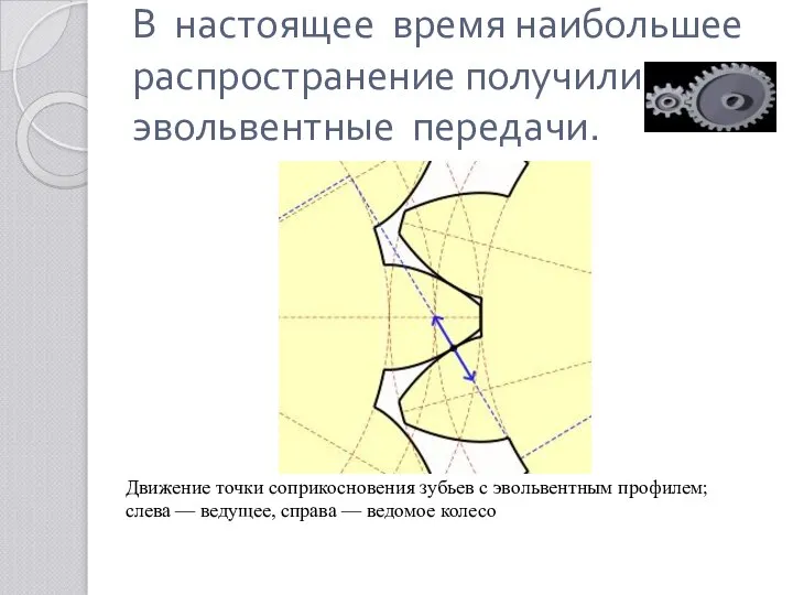 В настоящее время наибольшее распространение получили эвольвентные передачи. Движение точки соприкосновения