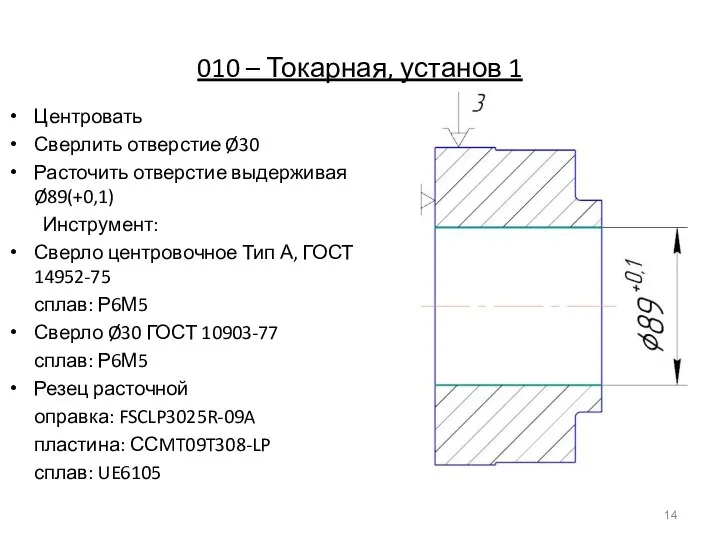 010 – Токарная, установ 1 Центровать Сверлить отверстие Ø30 Расточить отверстие