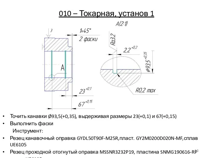 010 – Токарная, установ 1 Точить канавки Ø93,5(+0,35), выдерживая размеры 23(+0,1)