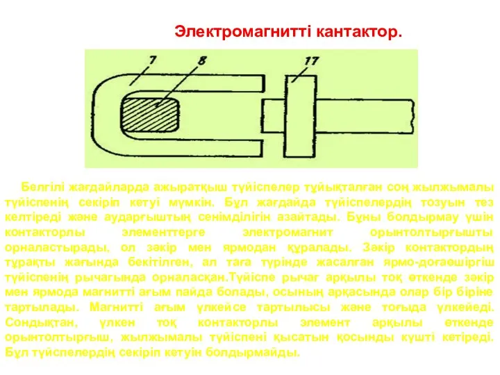 Электромагнитті кантактор. Белгілі жағдайларда ажыратқыш түйіспелер тұйықталған соң жылжымалы түйіспенің секіріп