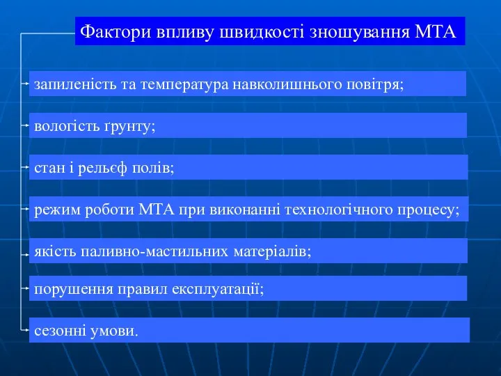 Фактори впливу швидкості зношування МТА запиленість та температура навколишнього повітря; вологість