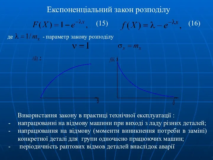 Експоненціальний закон розподілу де - параметр закону розподілу Використання закону в