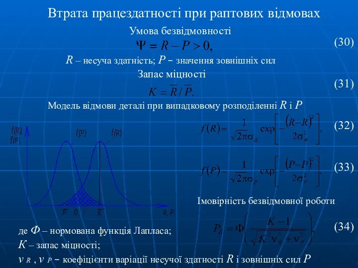 Втрата працездатності при раптових відмовах Умова безвідмовності R – несуча здатність;