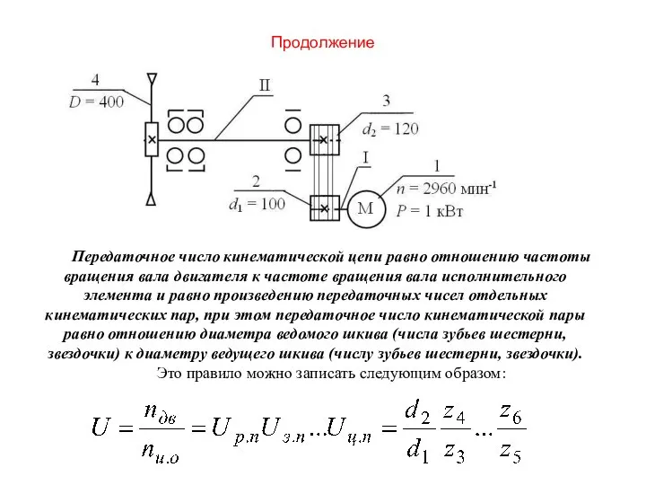 Продолжение Передаточное число кинематической цепи равно отношению частоты вращения вала двигателя