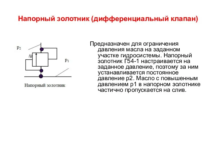 Напорный золотник (дифференциальный клапан) Предназначен для ограничения давления масла на заданном