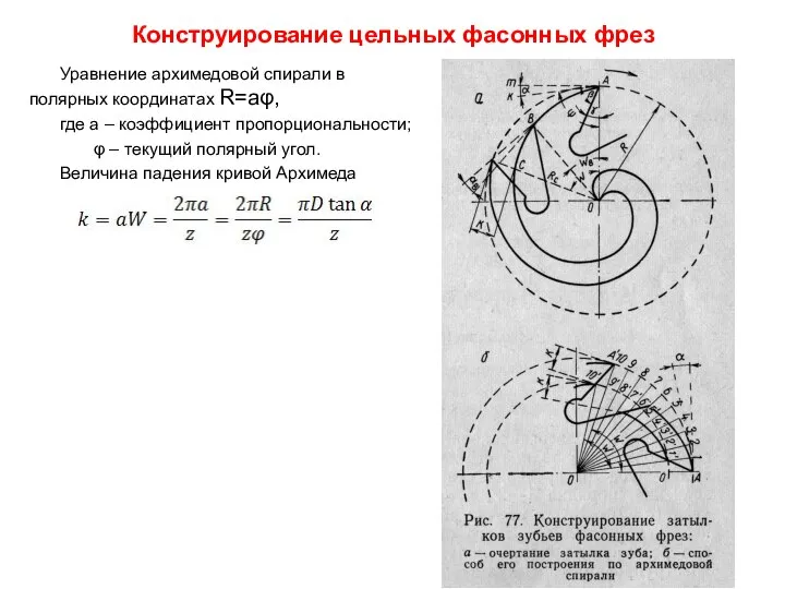 Конструирование цельных фасонных фрез Уравнение архимедовой спирали в полярных координатах R=aφ,