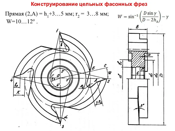 Конструирование цельных фасонных фрез Прямая (2,А) = h1+3…5 мм; r2 = 3…8 мм; W=10…12о .