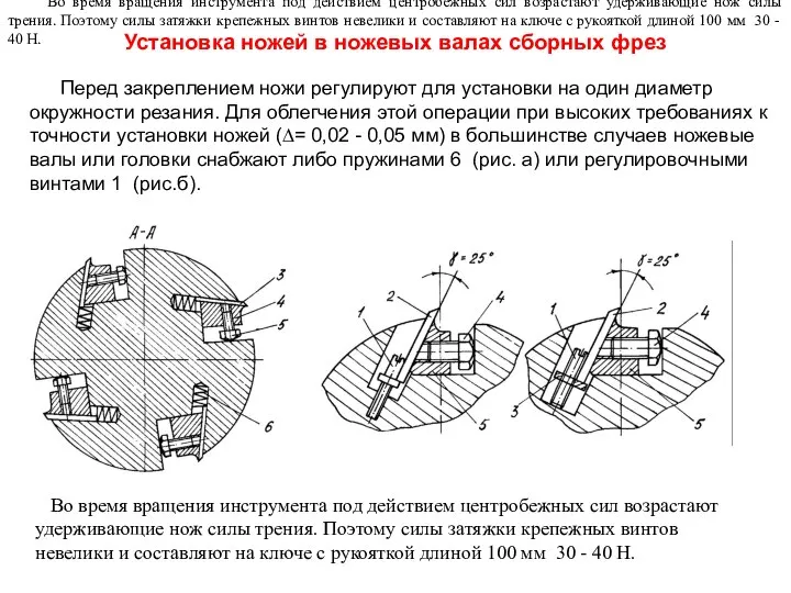 Установка ножей в ножевых валах сборных фрез Перед закреплением ножи регулируют