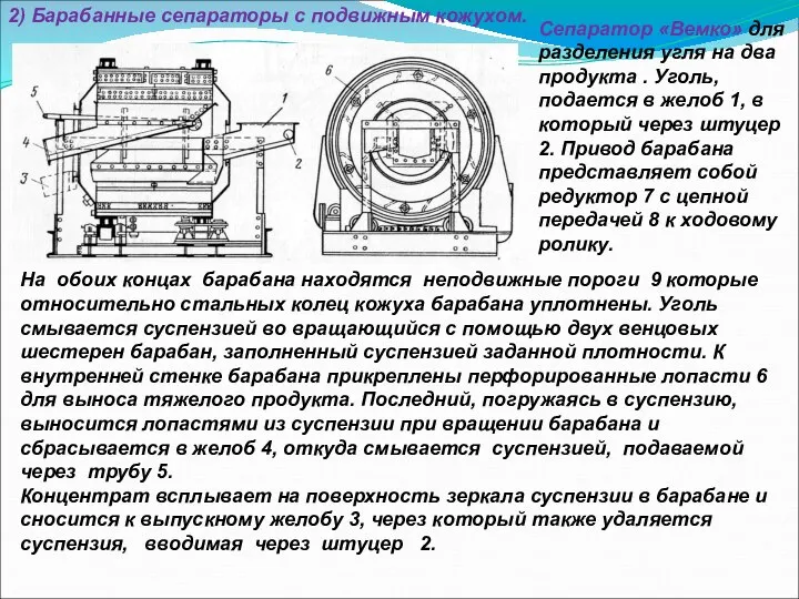 2) Барабанные сепараторы с подвижным кожухом. Сепаратор «Вемко» для разделения угля