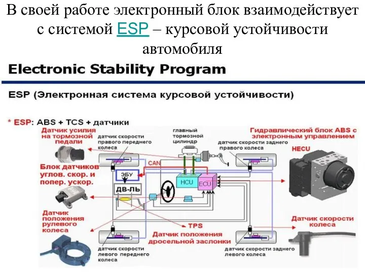 В своей работе электронный блок взаимодействует с системой ESP – курсовой устойчивости автомобиля