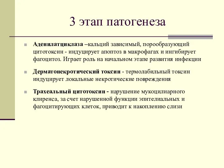 3 этап патогенеза Аденилатциклаза –кальций зависимый, порообразующий цитотоксин - индуцирует апоптоз