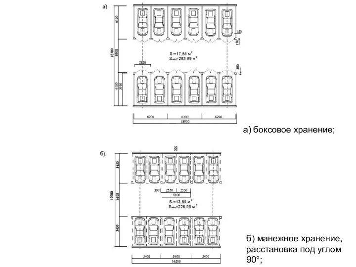 а) боксовое хранение; б) манежное хранение, расстановка под углом 90°;