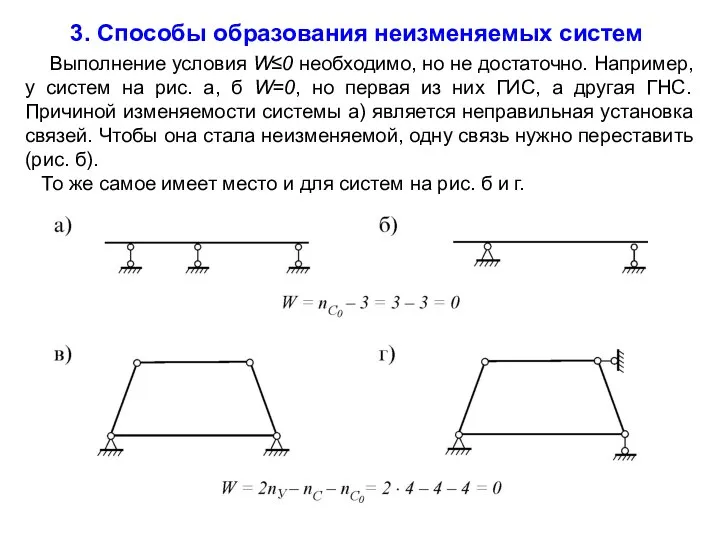 3. Способы образования неизменяемых систем Выполнение условия W≤0 необходимо, но не