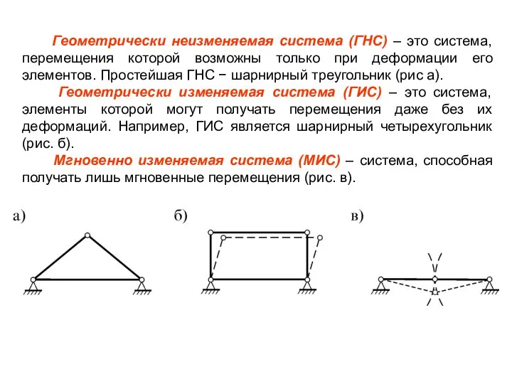 Геометрически неизменяемая система (ГНС) – это система, перемещения которой возможны только