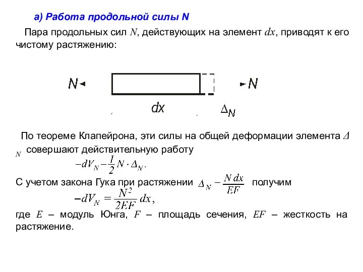 а) Работа продольной силы N Пара продольных сил N, действующих на