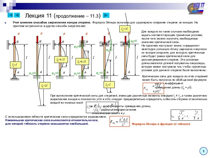 Лекция 11 (продолжение – 11.3) 3 Учет влияния способов закрепления концов